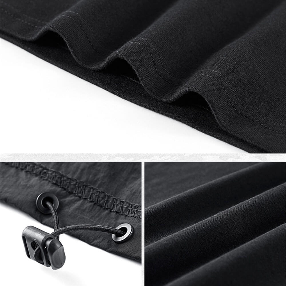 Close-up of the hem and drawstring details on a black tactical O-neck t-shirt for men.