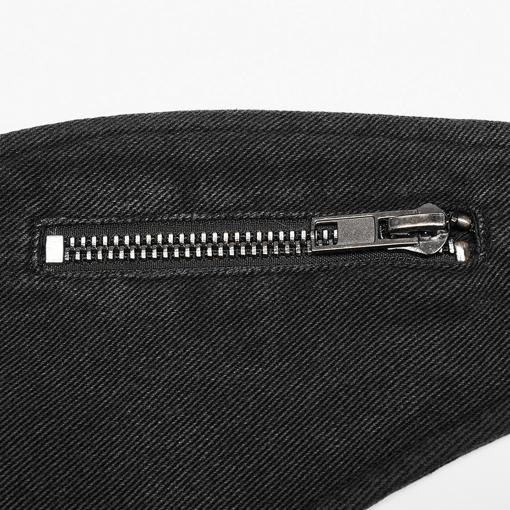 Close-up of a tactical punk bag zipper, showcasing durable stitching and sleek design.