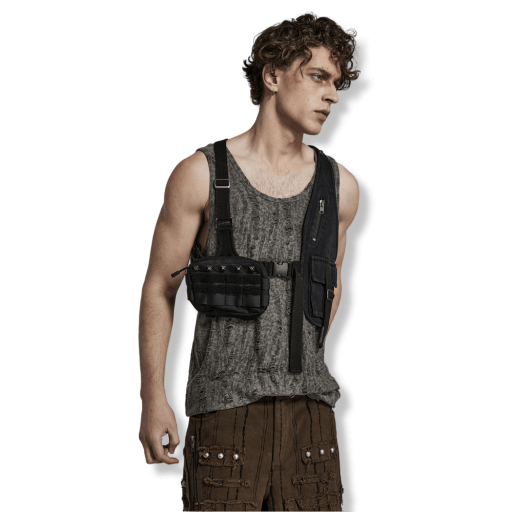 Man wearing Tactical Punk Detachable Bag with Harness, showcasing a bold and functional urban style.