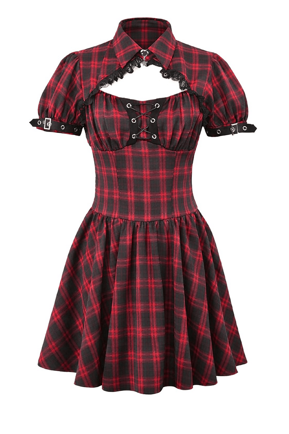Mini-robe punk à carreaux rouges avec volants à étages