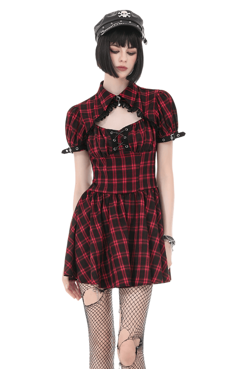 Vestido Mini Punk de Cuadros Rojos con Volantes en Capas