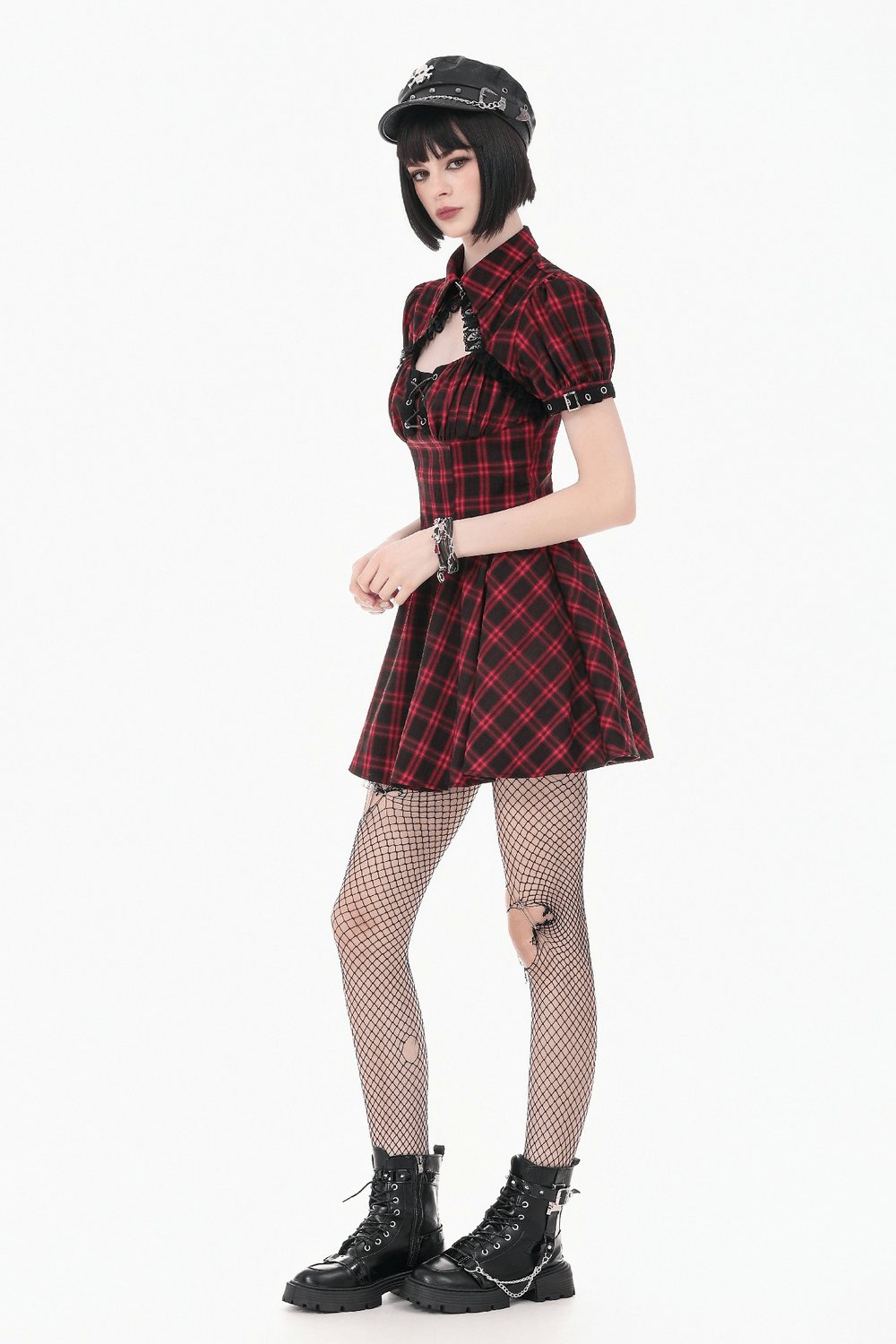 Mini-robe punk à carreaux rouges avec volants à étages