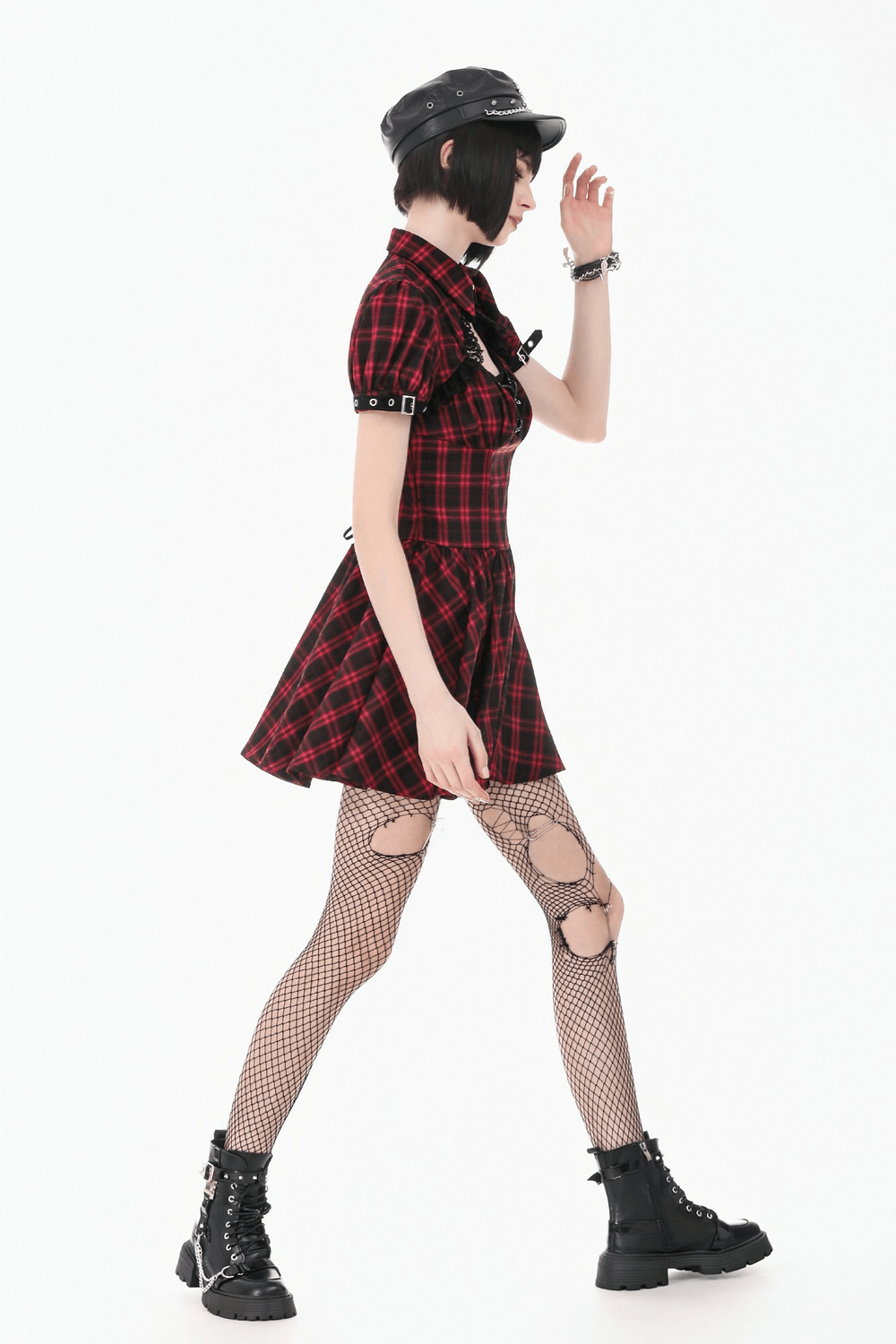 Mini-robe punk à carreaux rouges avec volants à étages