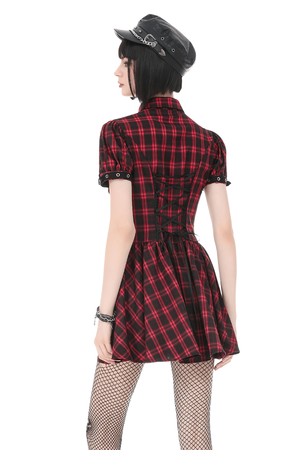 Mini-robe punk à carreaux rouges avec volants à étages