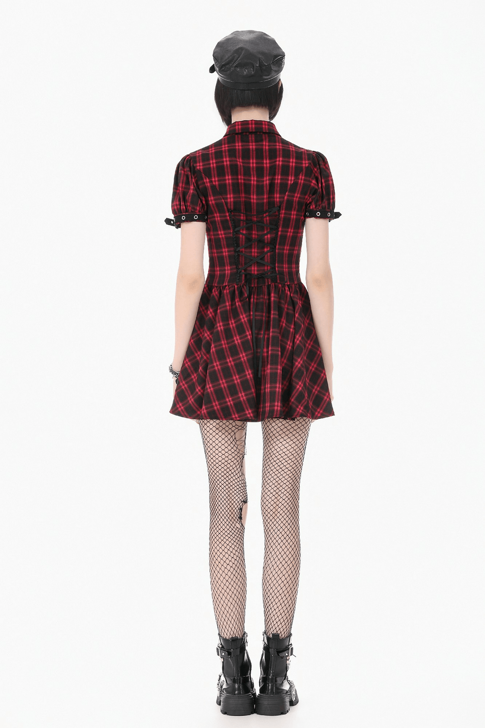 Mini-robe punk à carreaux rouges avec volants à étages