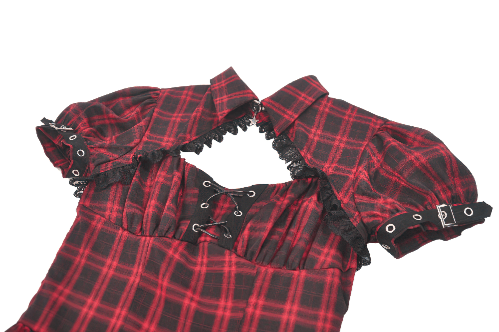 Mini-robe punk à carreaux rouges avec volants à étages