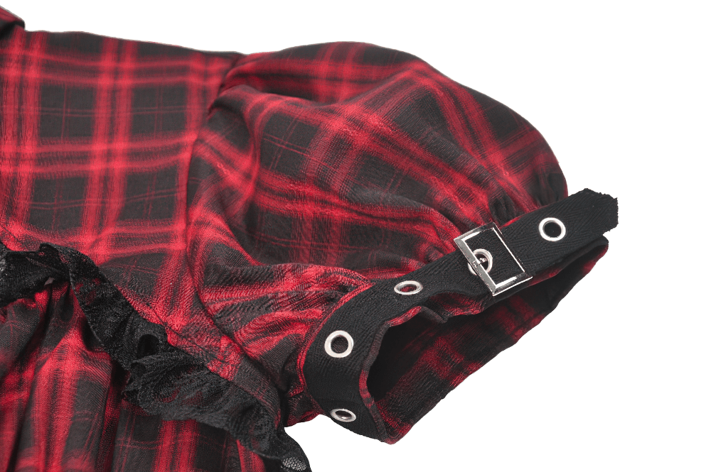 Mini-robe punk à carreaux rouges avec volants à étages