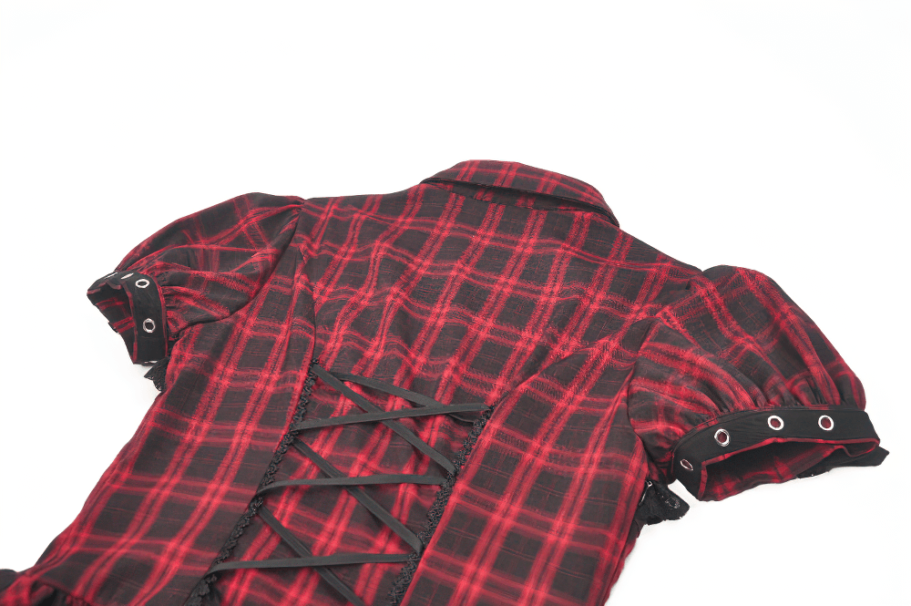 Mini-robe punk à carreaux rouges avec volants à étages