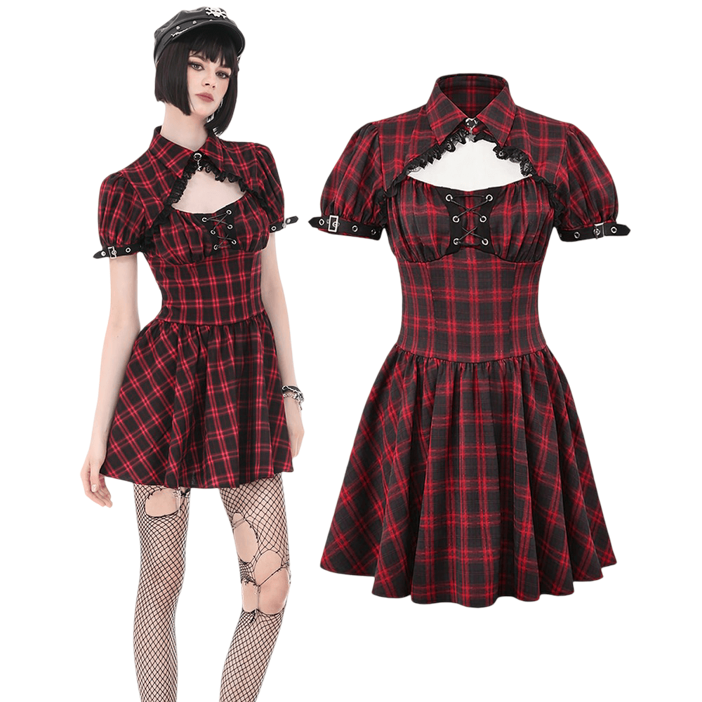 Mini-robe punk à carreaux rouges avec volants à étages