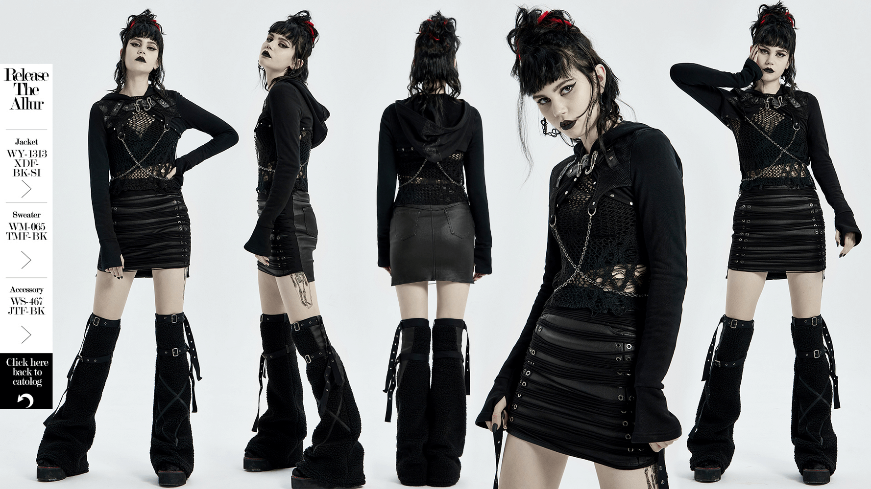 Model showcasing a chic steampunk PU leather skirt with metal eyelets and tassels, perfect for edgy fashion lovers.