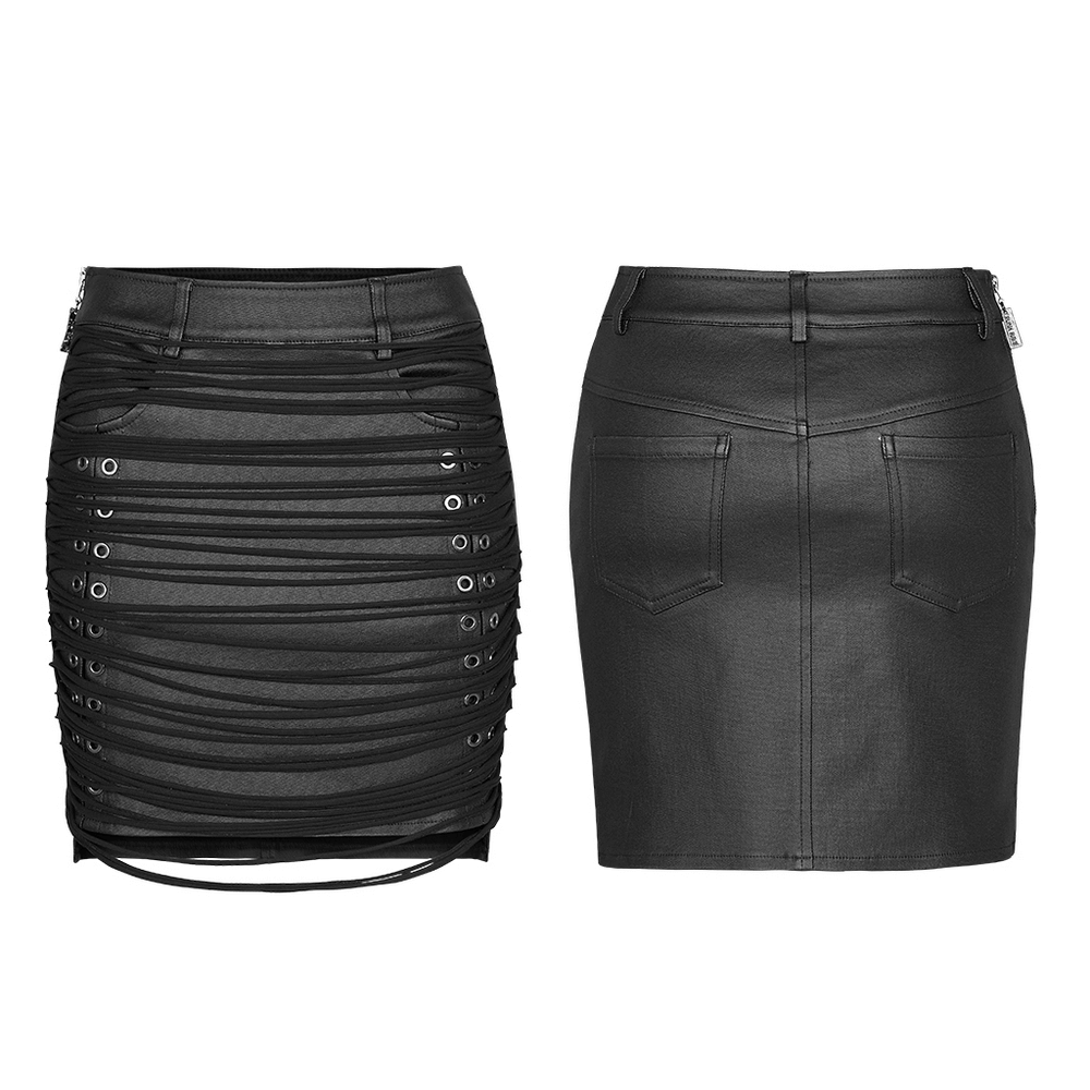 Tasseled steampunk PU leather skirt featuring metal eyelets and unique ruched design, showcasing a chic aesthetic.