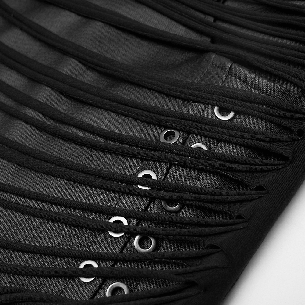 Close-up of a black steampunk PU leather skirt showcasing tassel details and metallic eyelets.