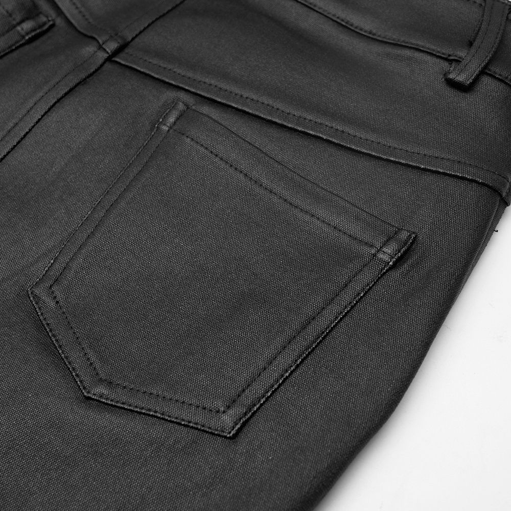 Close-up of a sleek black PU leather skirt with a stylish back pocket detail.