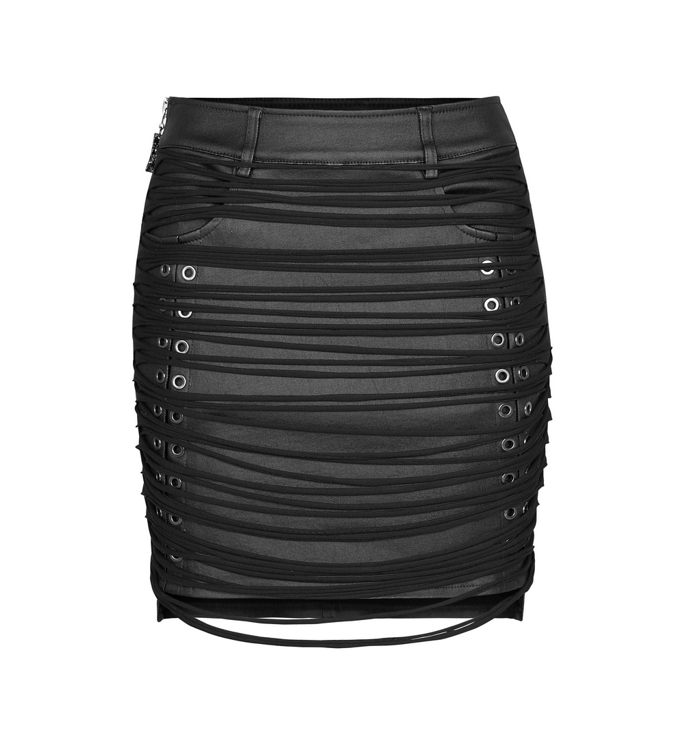 Tasseled steampunk PU leather skirt with metal eyelets and stretchy knit detailing.