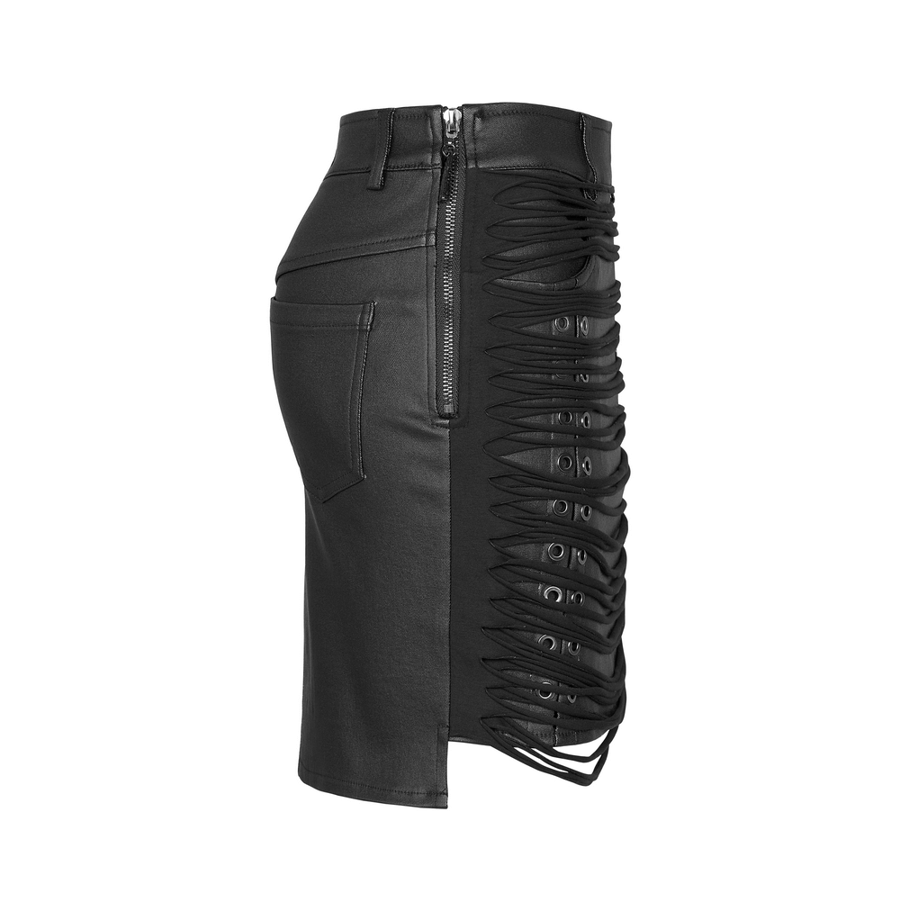 Tasseled steampunk PU leather skirt with eyelets and side zipper, showcasing a chic and edgy silhouette.