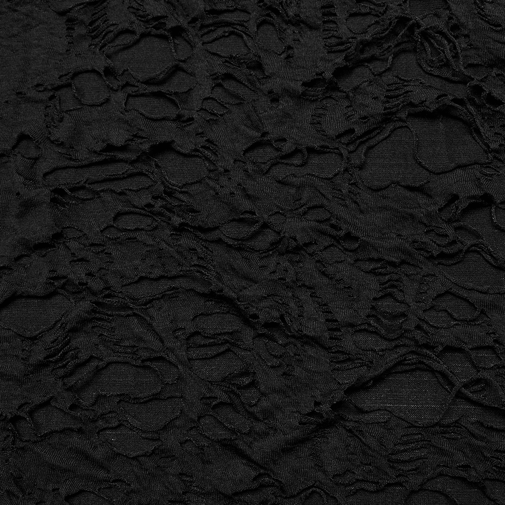 Close-up of tattered black fabric texture, perfect for a punk style top with an edgy, worn appearance.