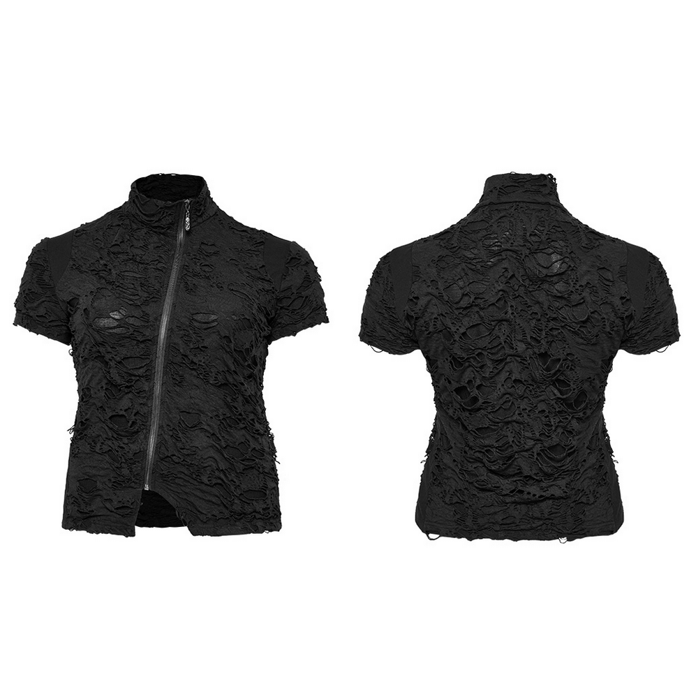 Black tattered punk top with front zipper and short sleeves, showcasing a unique textured design.