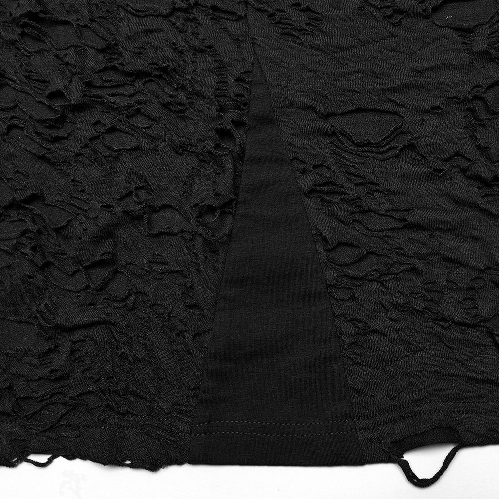 Black tattered punk top showing unique textured fabric and slim fit design for an edgy look.
