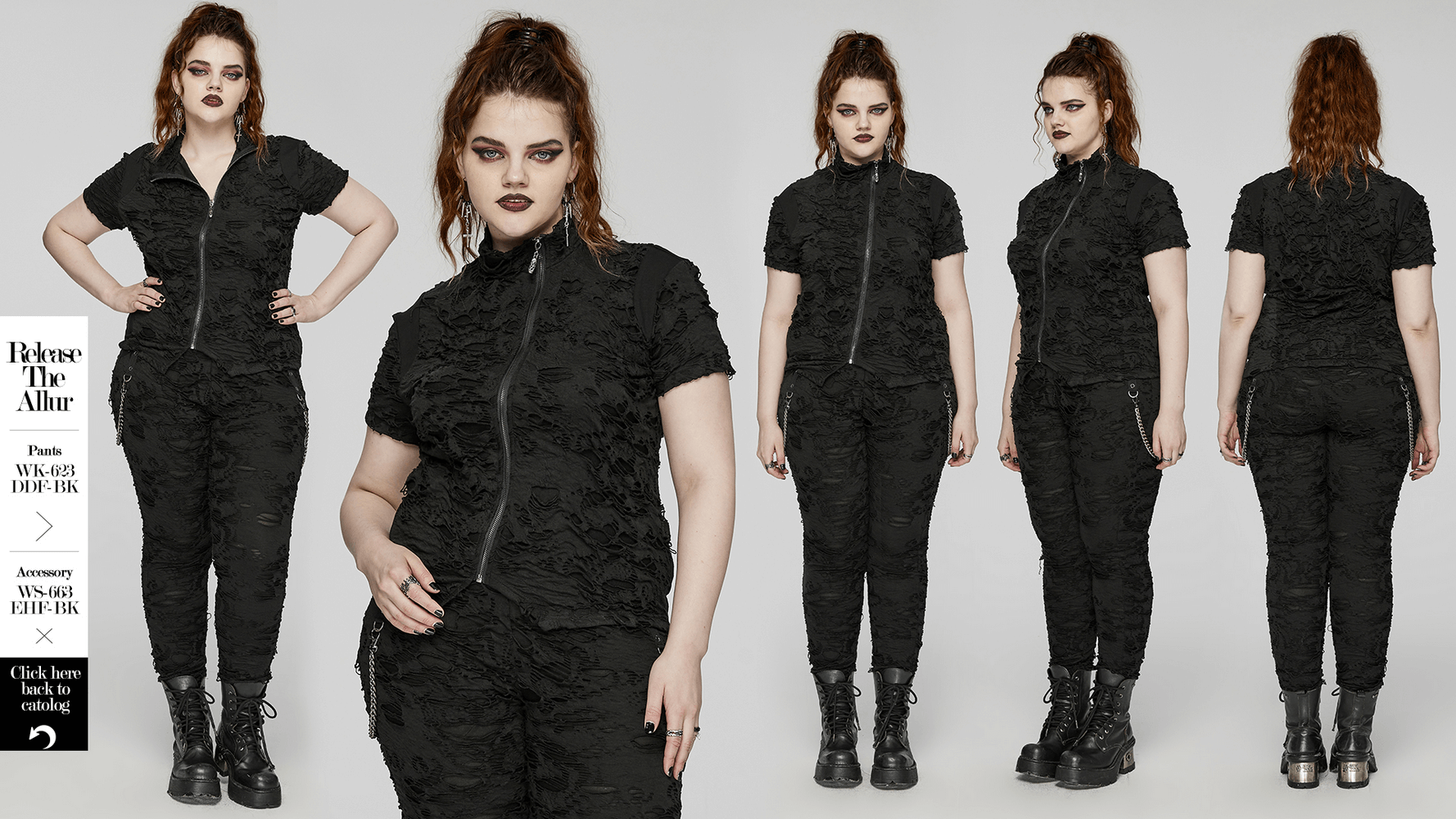 Tattered punk top with zipper, short sleeves, and slim fit; edgy black design for a rebellious look.