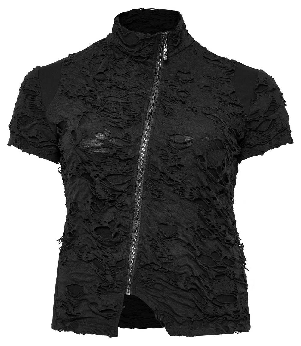 Black tattered punk top with front zipper and short sleeves for a bold, edgy look.