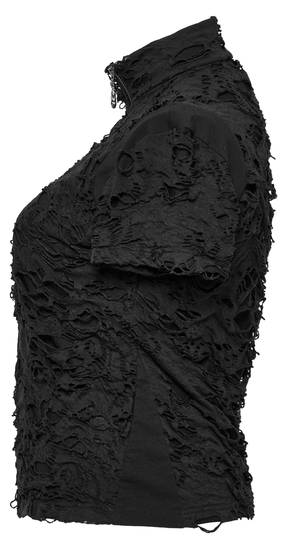 Side view of a black tattered punk top with short sleeves and a front zipper, showcasing its edgy, decayed design.