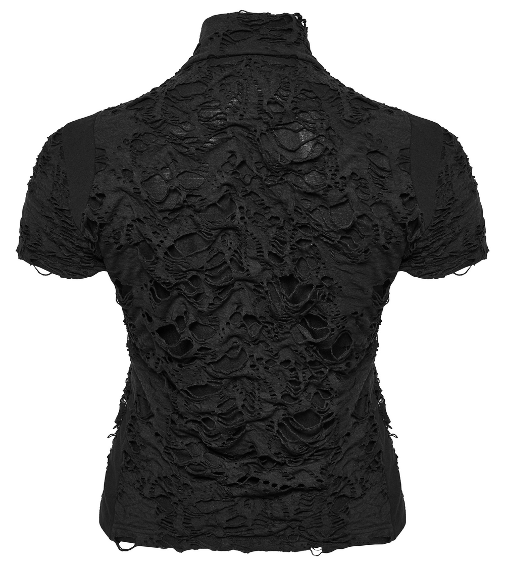 Back view of black tattered punk top showcasing unique textured fabric and edgy design.