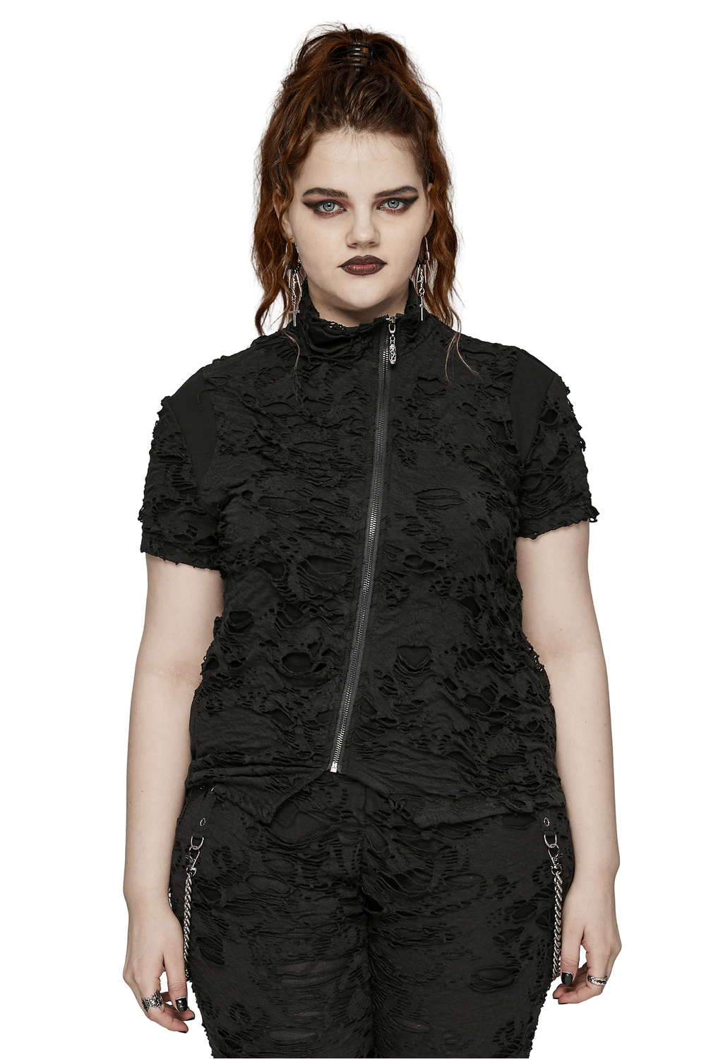 Tattered Punk Top with Front Zipper and Short Sleeves
