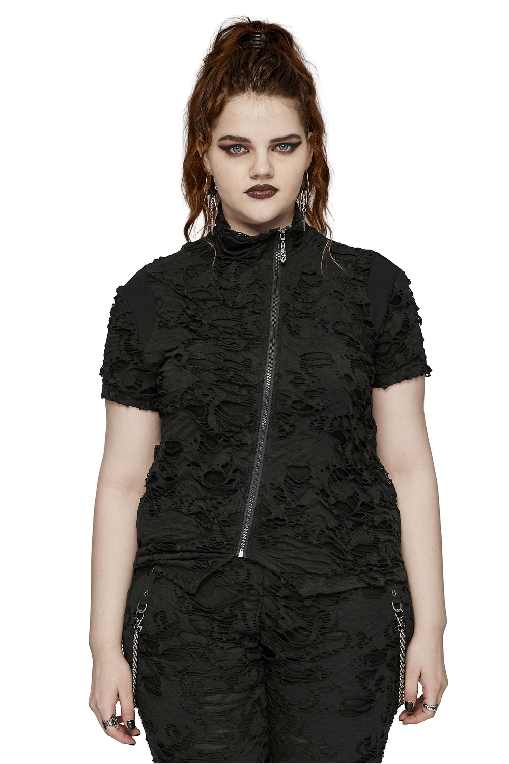 Black tattered punk top with front zipper, short sleeves, and edgy textured fabric, perfect for a rebellious look.