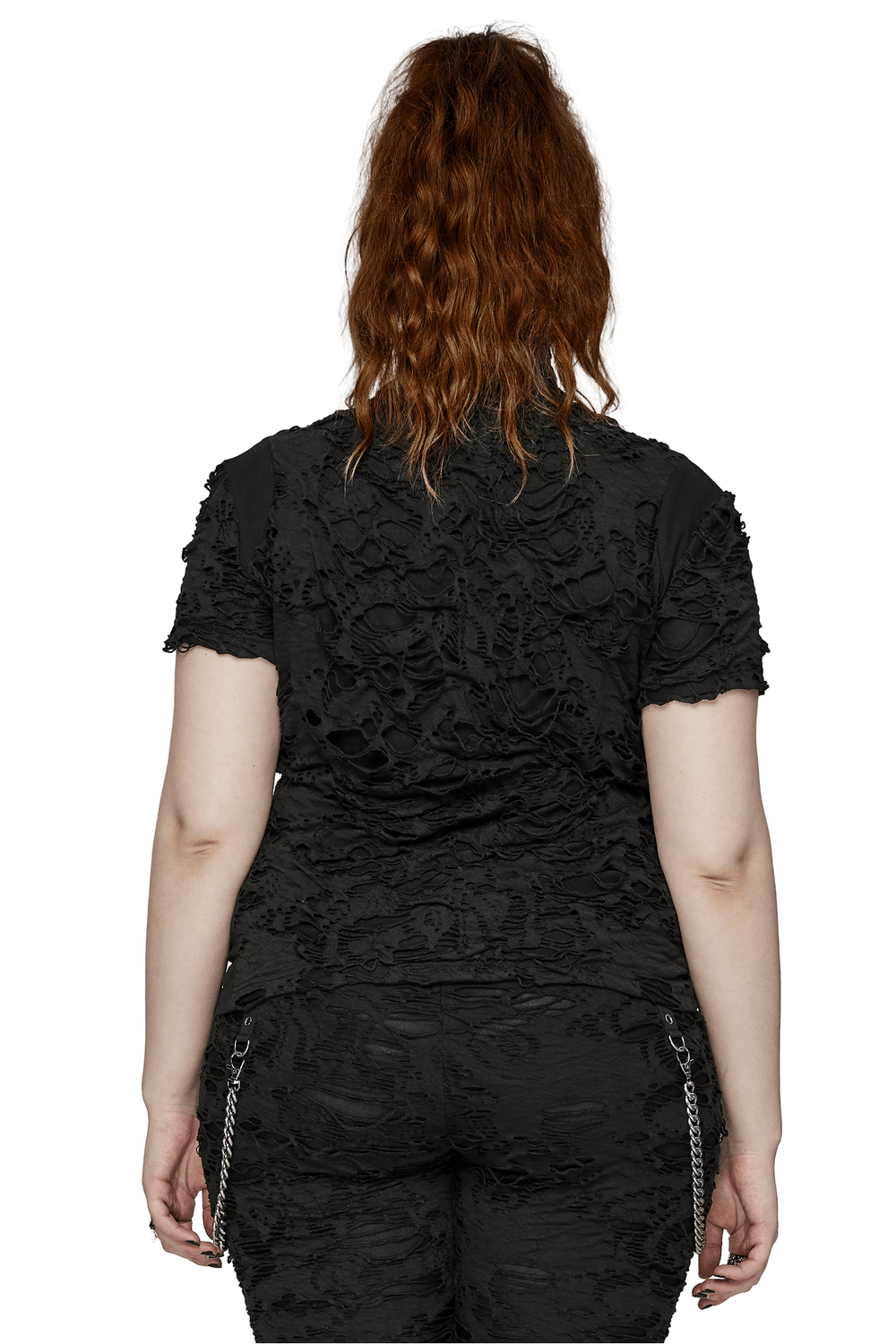 Back view of a black tattered punk top featuring a unique textured fabric and short sleeves.
