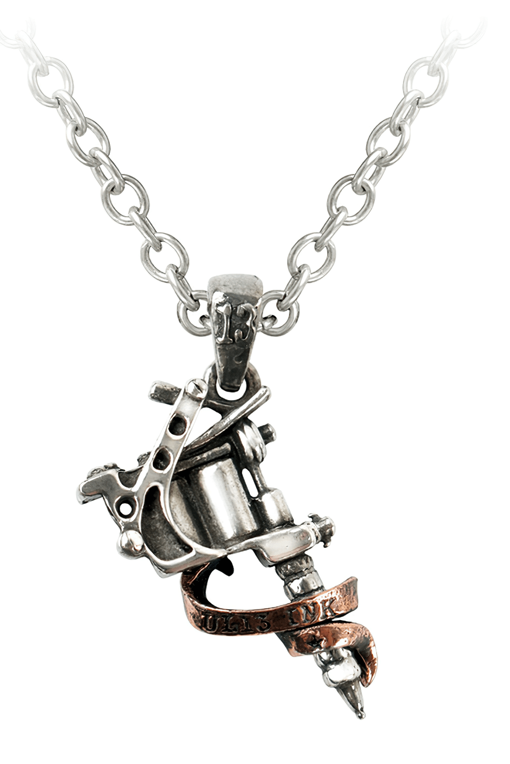 Stylish antique silver tattoo gun pendant necklace with copper scroll inscribed 'UL13 INK', perfect for tattoo lovers.