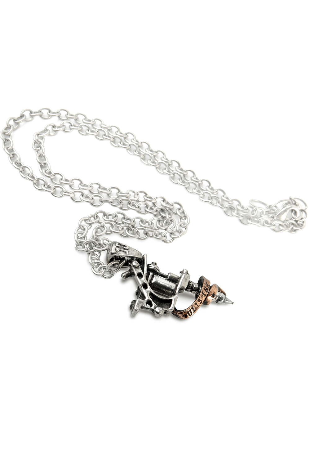 Tattoo gun pendant necklace with copper scroll and antique silver chain, perfect for tattoo lovers and alt-style fashion.