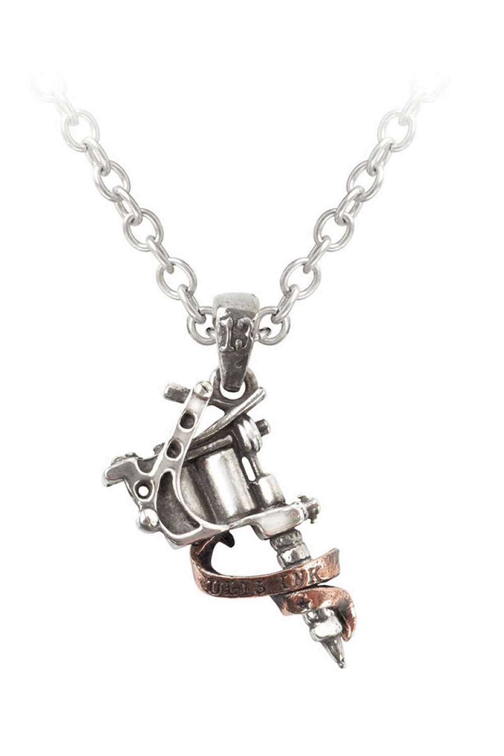 Tattoo Machine Pendant Necklace with Copper Ribbon Detail featuring pewter tattoo machine and engraved copper ribbon.