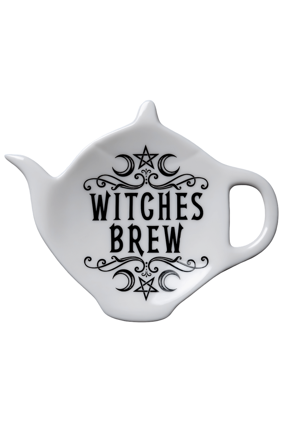 Gothic teapot-shaped spoon rest with 'Witches Brew' design, perfect for alt homes and tea lovers.