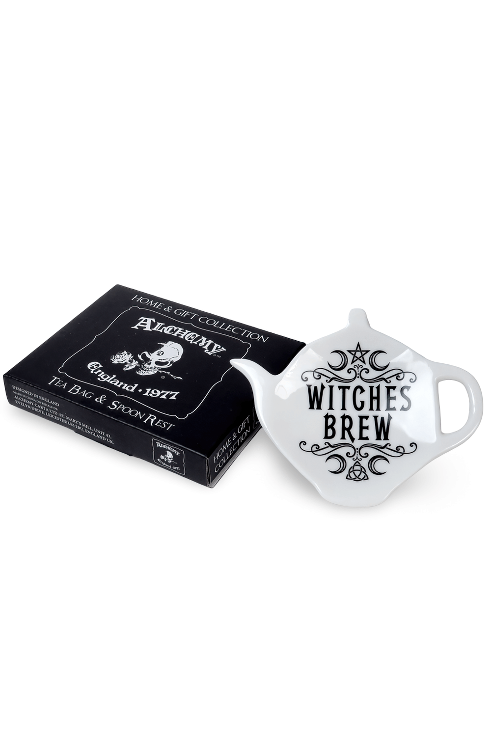 Teapot-shaped spoon rest reading 'Witches Brew' with a black gift box by Alchemy Gothic for alternative tea lovers.