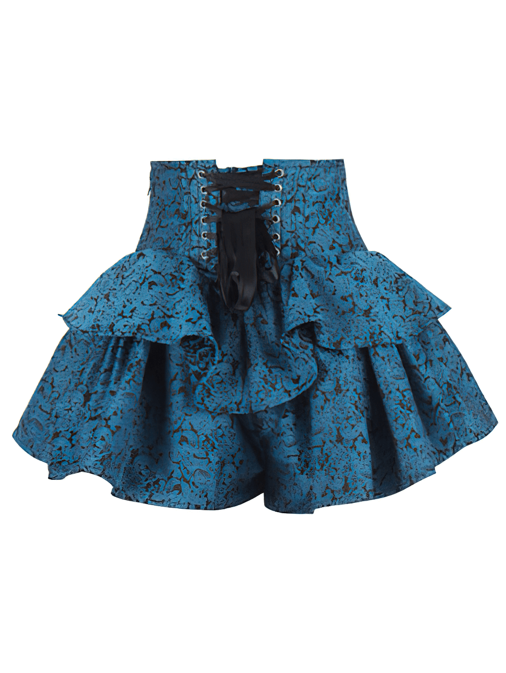Teal Blue Brocade Corset Mini Skirt with Layered Ruffles featuring lace-up front and double-layered ruffles.