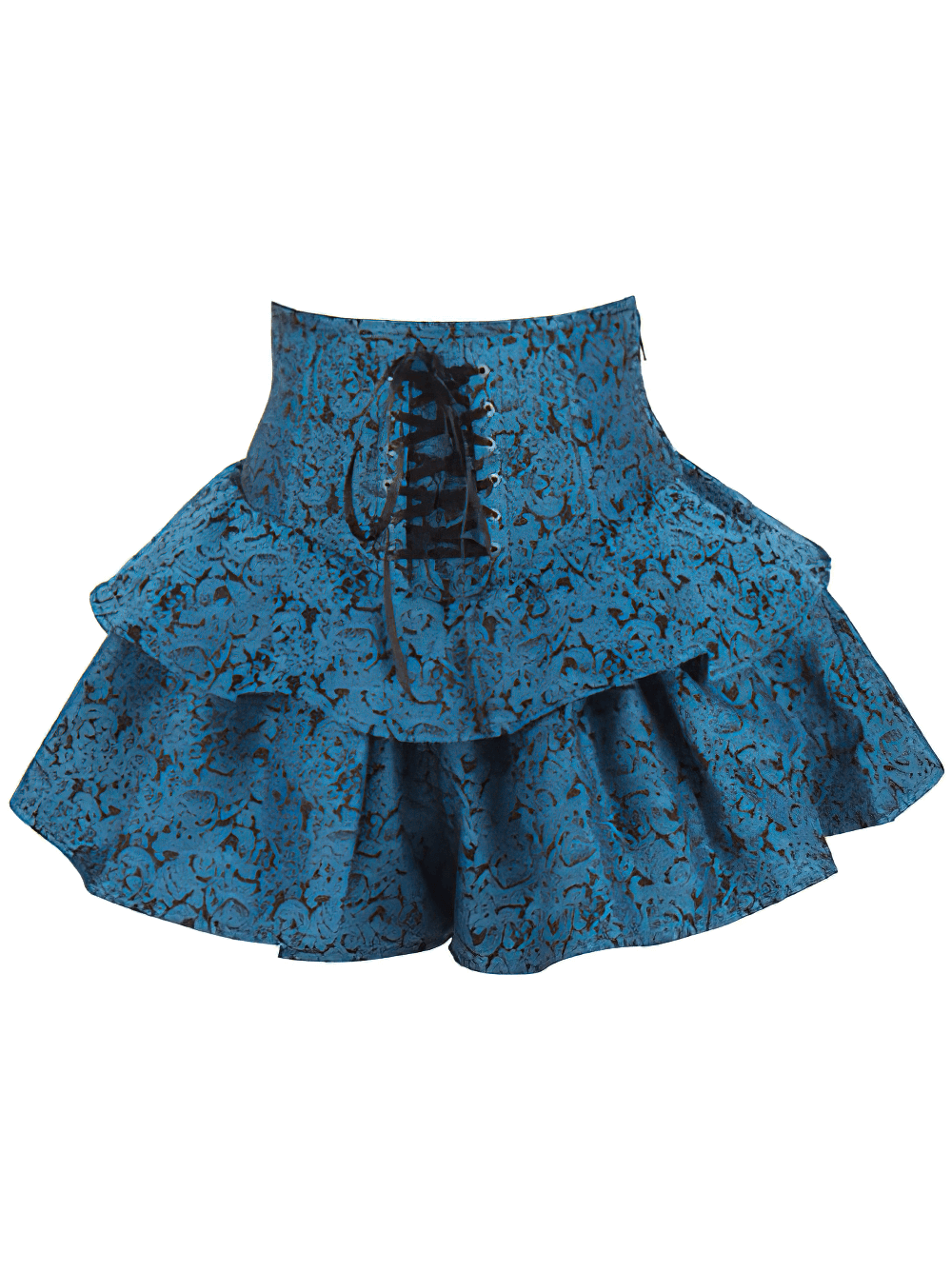 Teal Blue Brocade Corset Mini Skirt with Layered Ruffles displaying a lace-up design and bold ruffles.