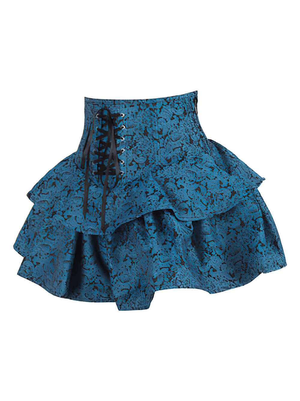Teal Blue Brocade Corset Mini Skirt with Layered Ruffles featuring lace-up detail and double layered ruffles.