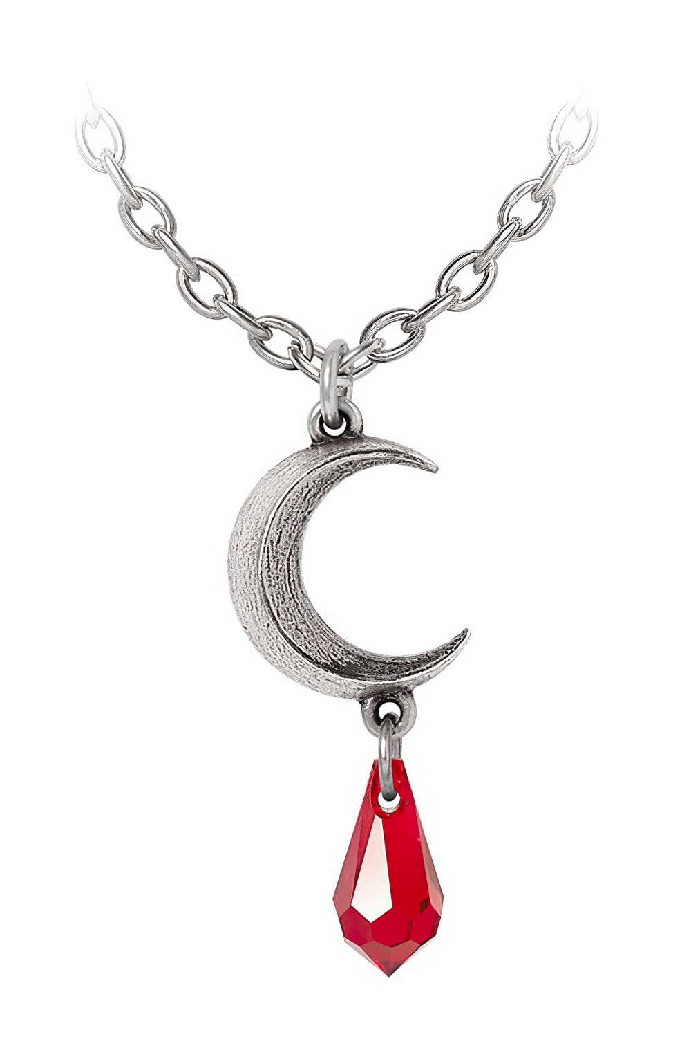 Tears of the Moon red crystal drop pendant necklace with pewter crescent moon charm.
