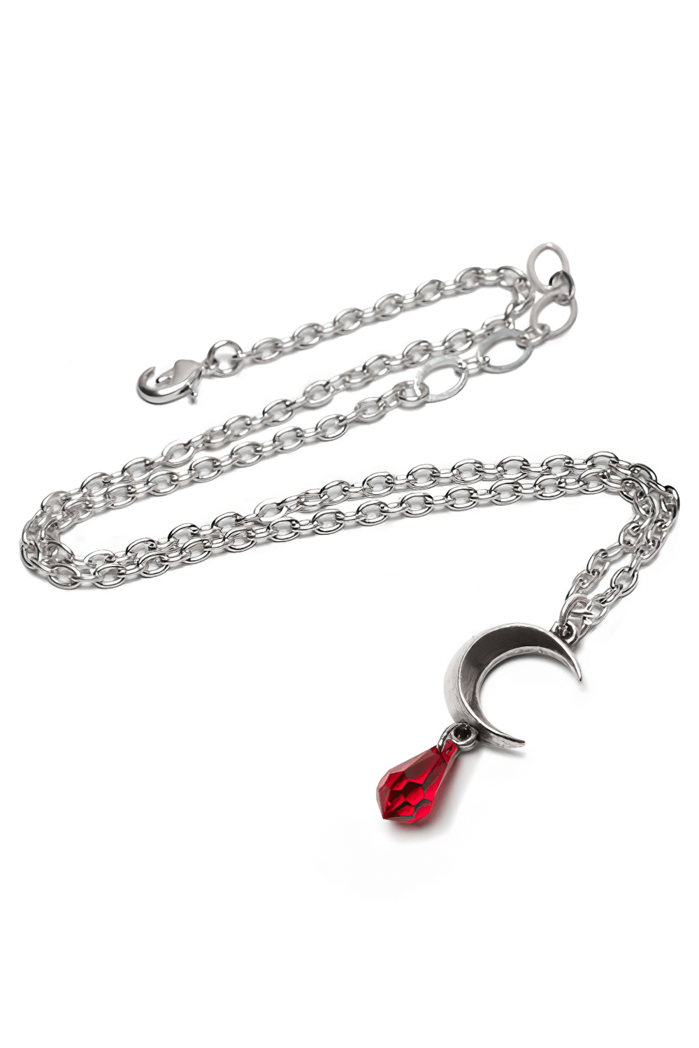 Gothic Tears of the Moon necklace with red crystal drop on silver chain, perfect for nighttime magic.