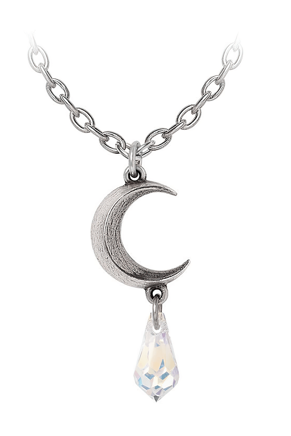 Tears of the Moon silver crescent pendant with sparkling crystal teardrop on adjustable chain.