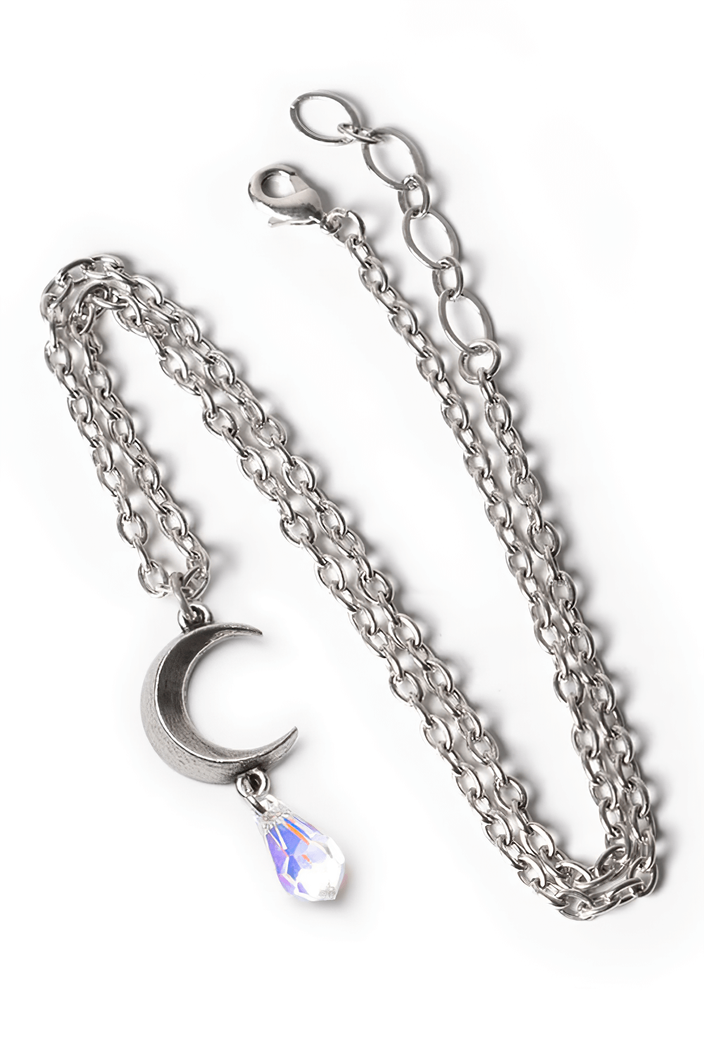 Tears of the Moon silver crescent pendant necklace with Austrian crystal teardrop on adjustable chain.