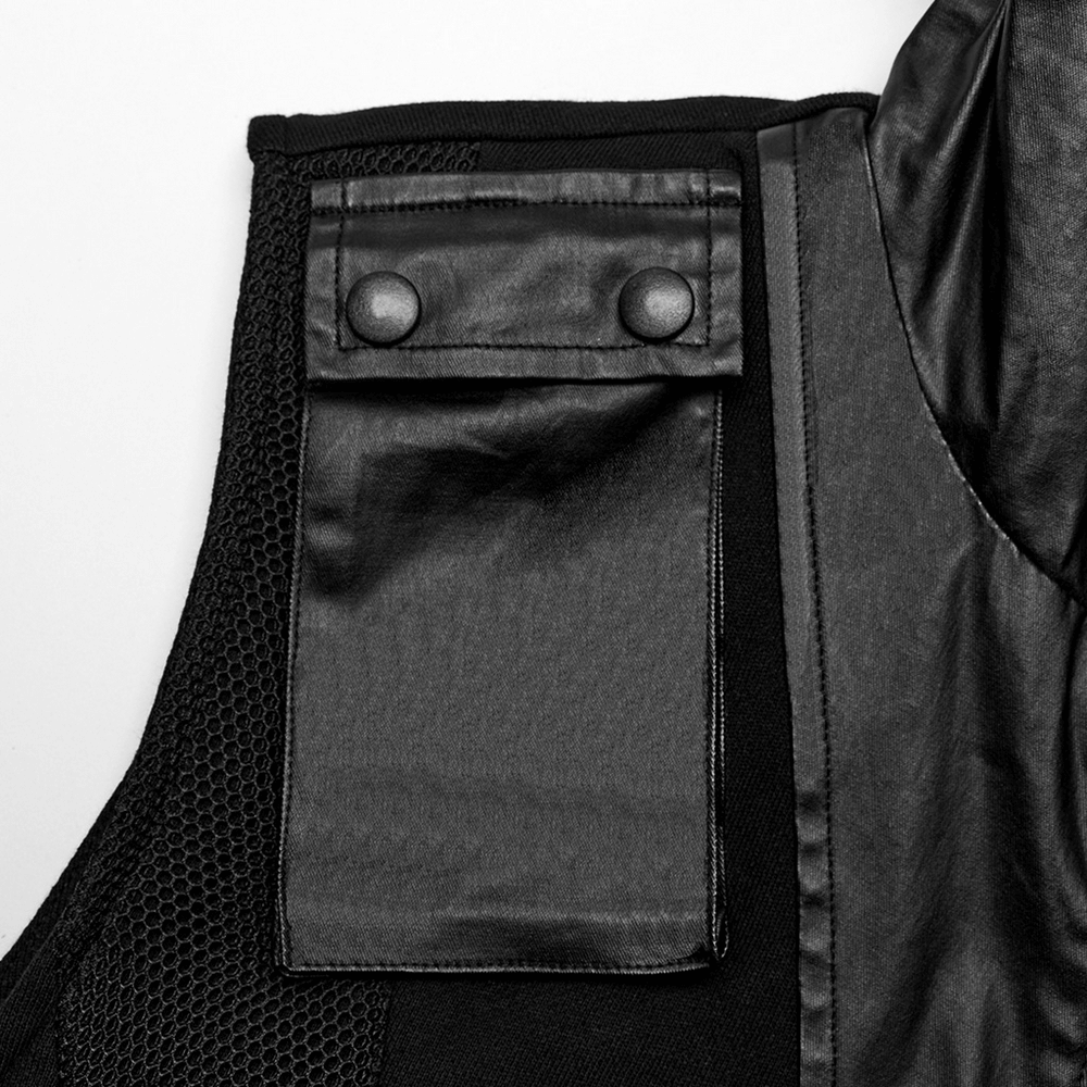 Close-up of black splice fabric showing leather accents on a techwear sleeveless hoodie.