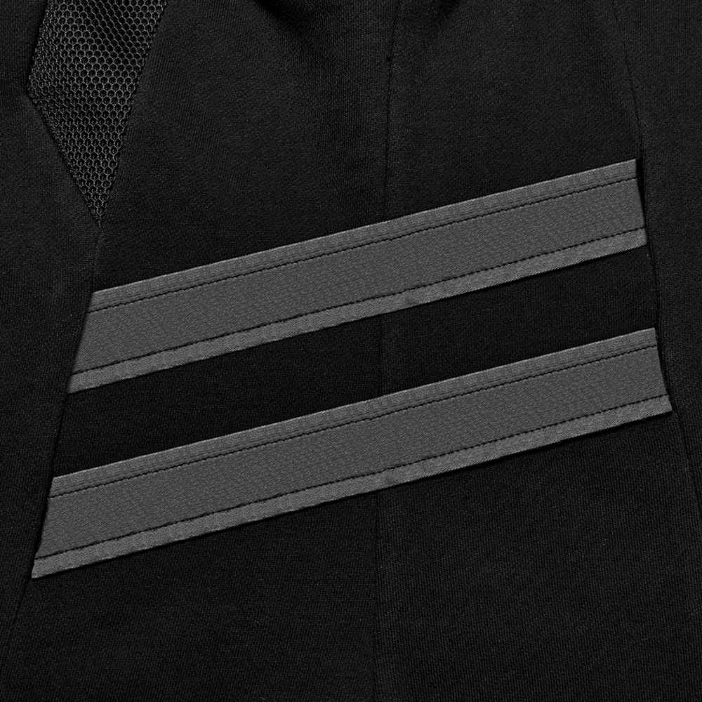 Close-up of black fabric featuring stylish gray stripes and mesh for a modern techwear vibe.