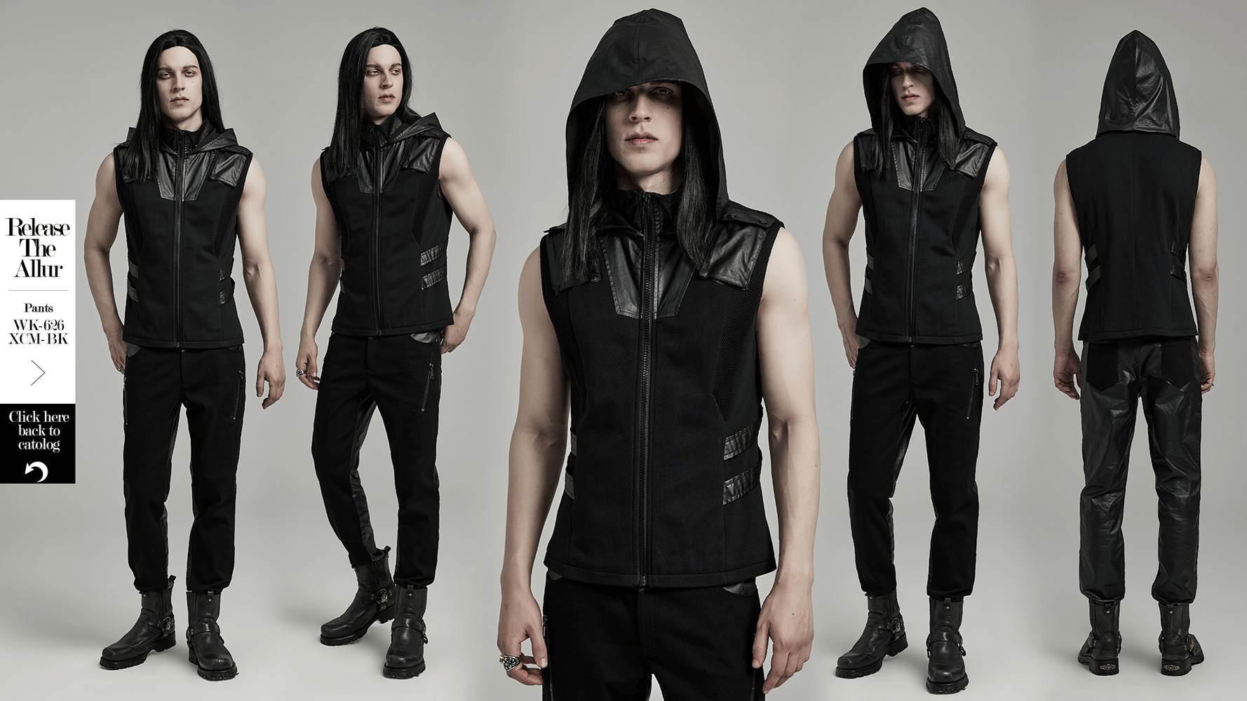 Men's black techwear sleeveless hoodie featuring leather accents and zipper for edgy streetwear style.