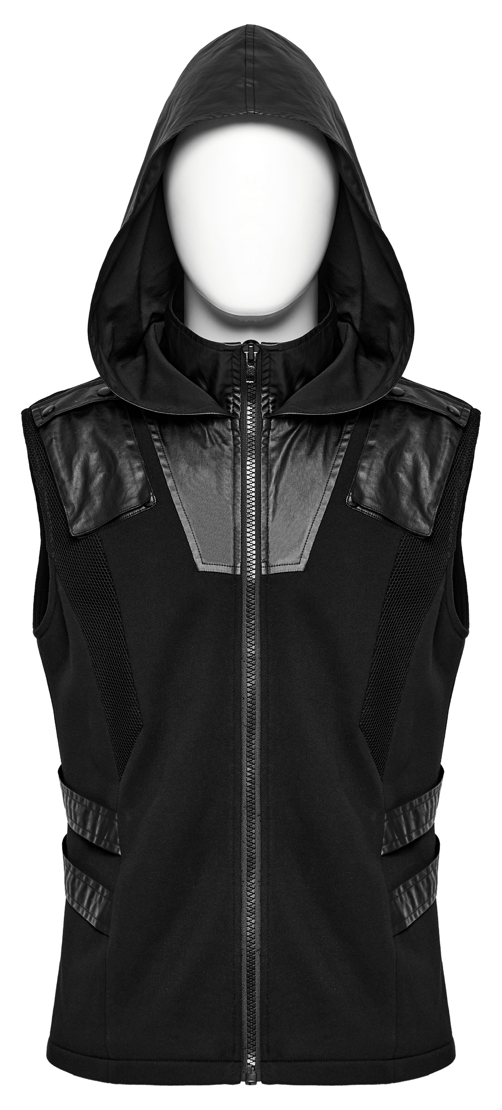 Black techwear sleeveless hoodie with leather accents, splicing, and zipper detail for a stylish streetwear look.