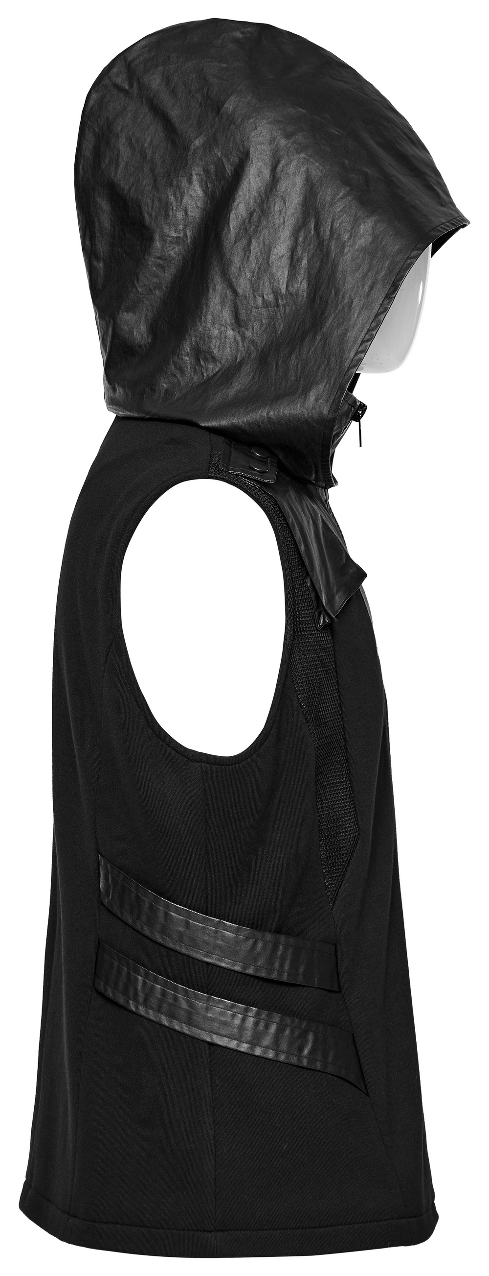 Men's black sleeveless hoodie with leather accents, showcasing a stylish side profile and unique fabric blend.