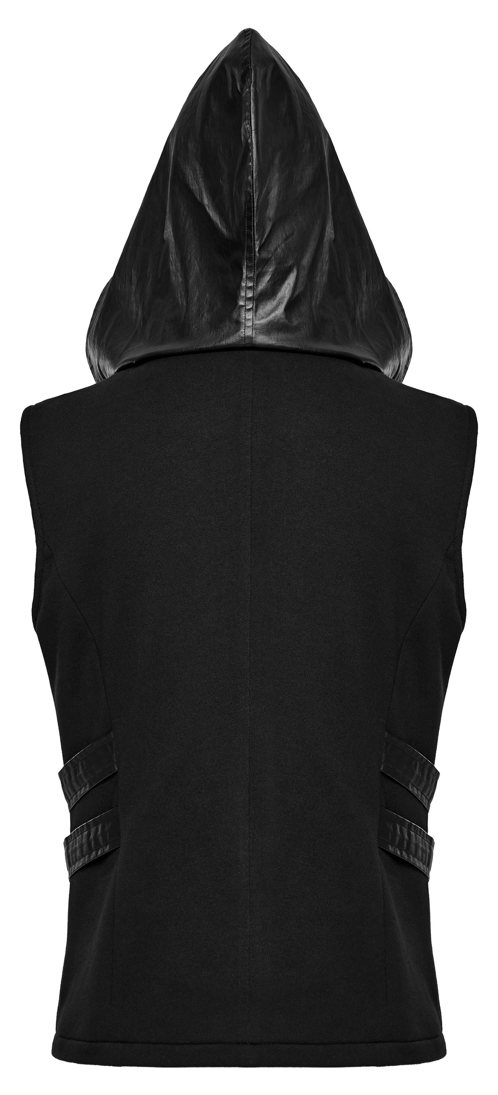 Men's black sleeveless hoodie with leather accents and zipper, stylish techwear design from the back.