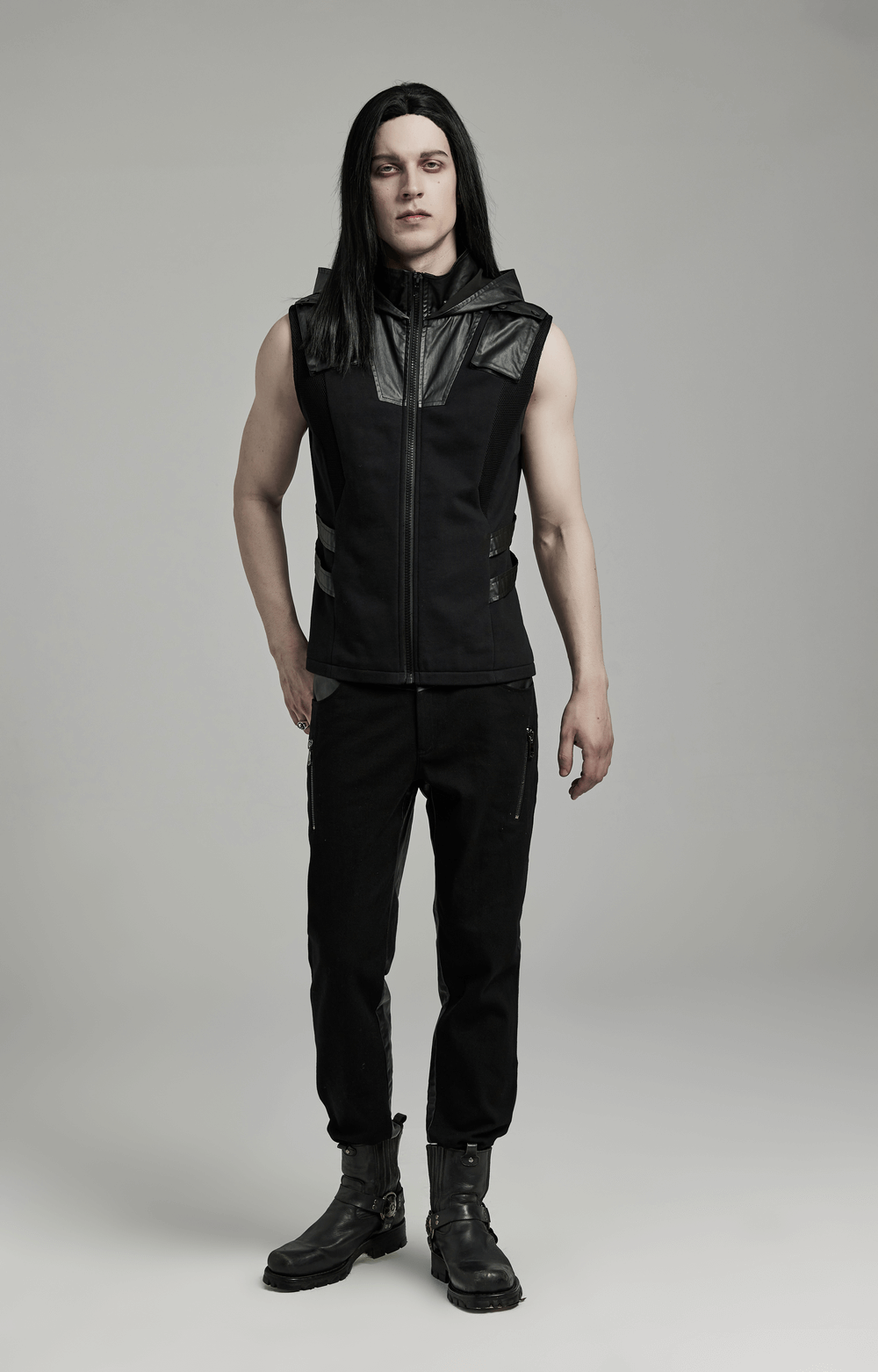 Techwear Sleeveless Hoodie with Leather Accents and Zipper