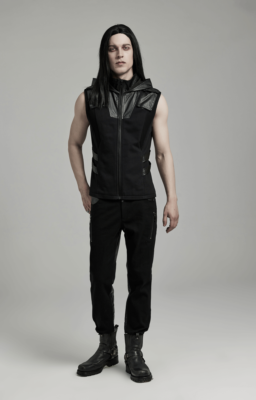 Men's black techwear sleeveless hoodie with leather accents and unique fabric splicing, perfect for streetwear style.