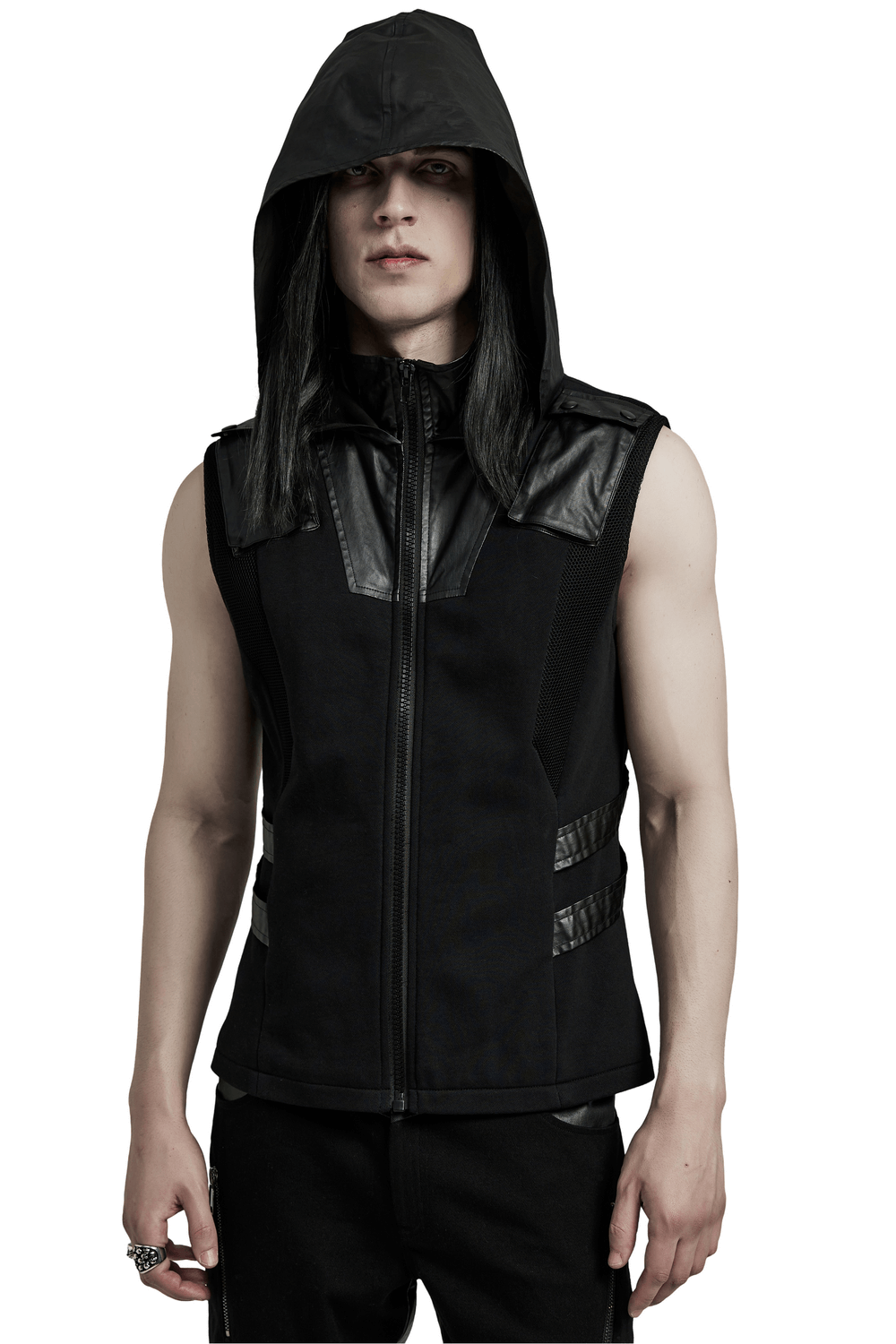 Men's black sleeveless hoodie with leather accents and zipper, perfect for a stylish streetwear look.